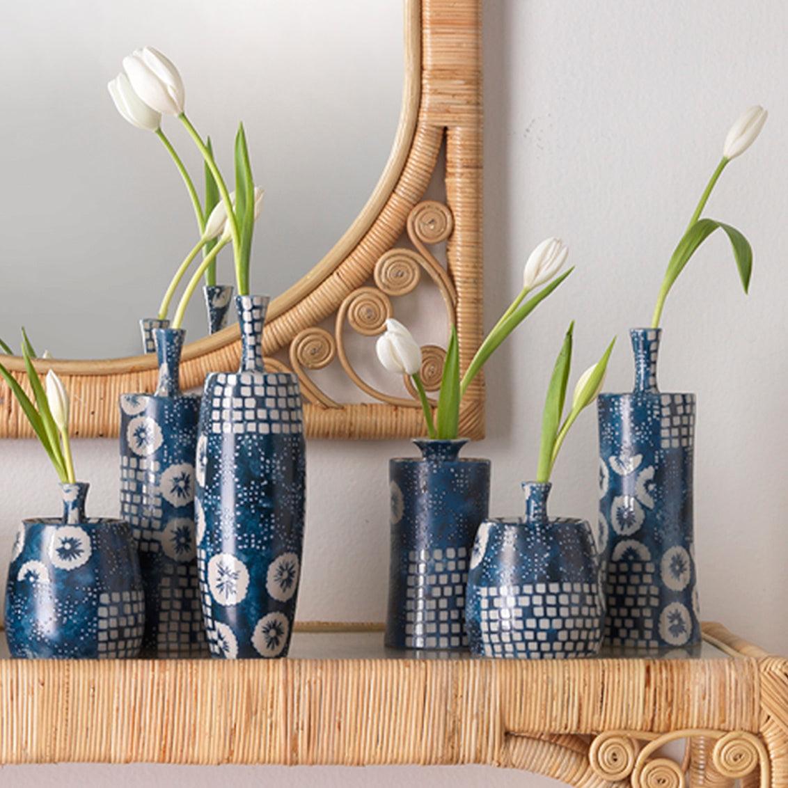 Coastal Style Blue Ceramic Block Print Vases (Set of 4) Vases & Jars Sideboards and Things By Jamie Young