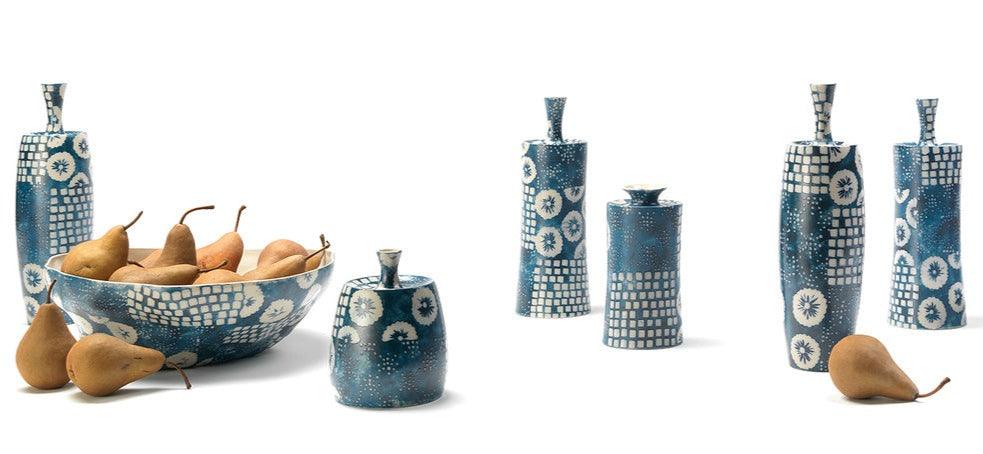 Coastal Style Blue Ceramic Block Print Vases (Set of 4) Vases & Jars Sideboards and Things By Jamie Young