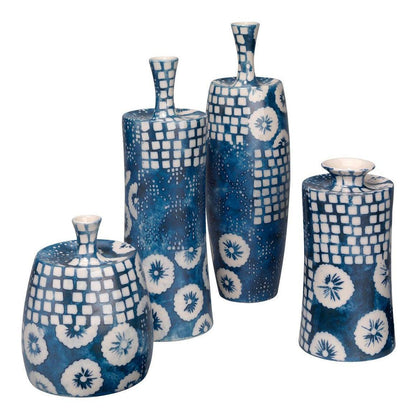 Coastal Style Blue Ceramic Block Print Vases (Set of 4) Vases & Jars Sideboards and Things By Jamie Young