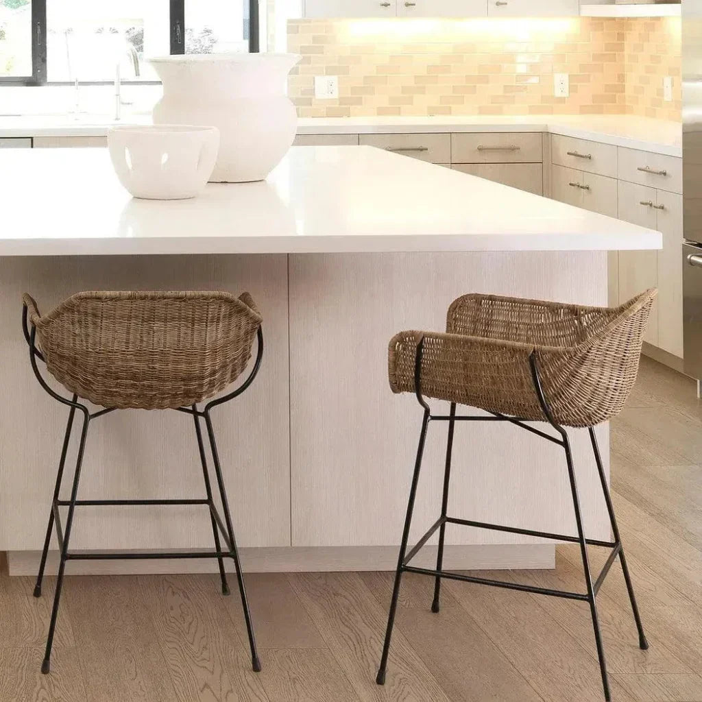 Jamie Young Coastal Style Brown Rattan Nusa Counter Stool Back