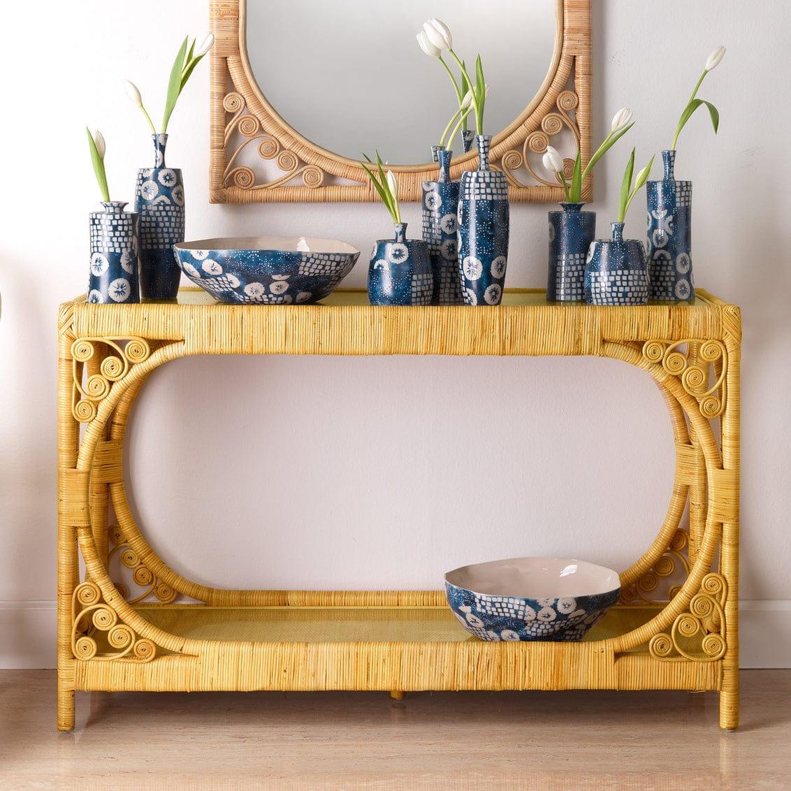 Coastal Style Brown Rattan & Tempered Glass Console Table Console Tables Sideboards and Things By Jamie Young