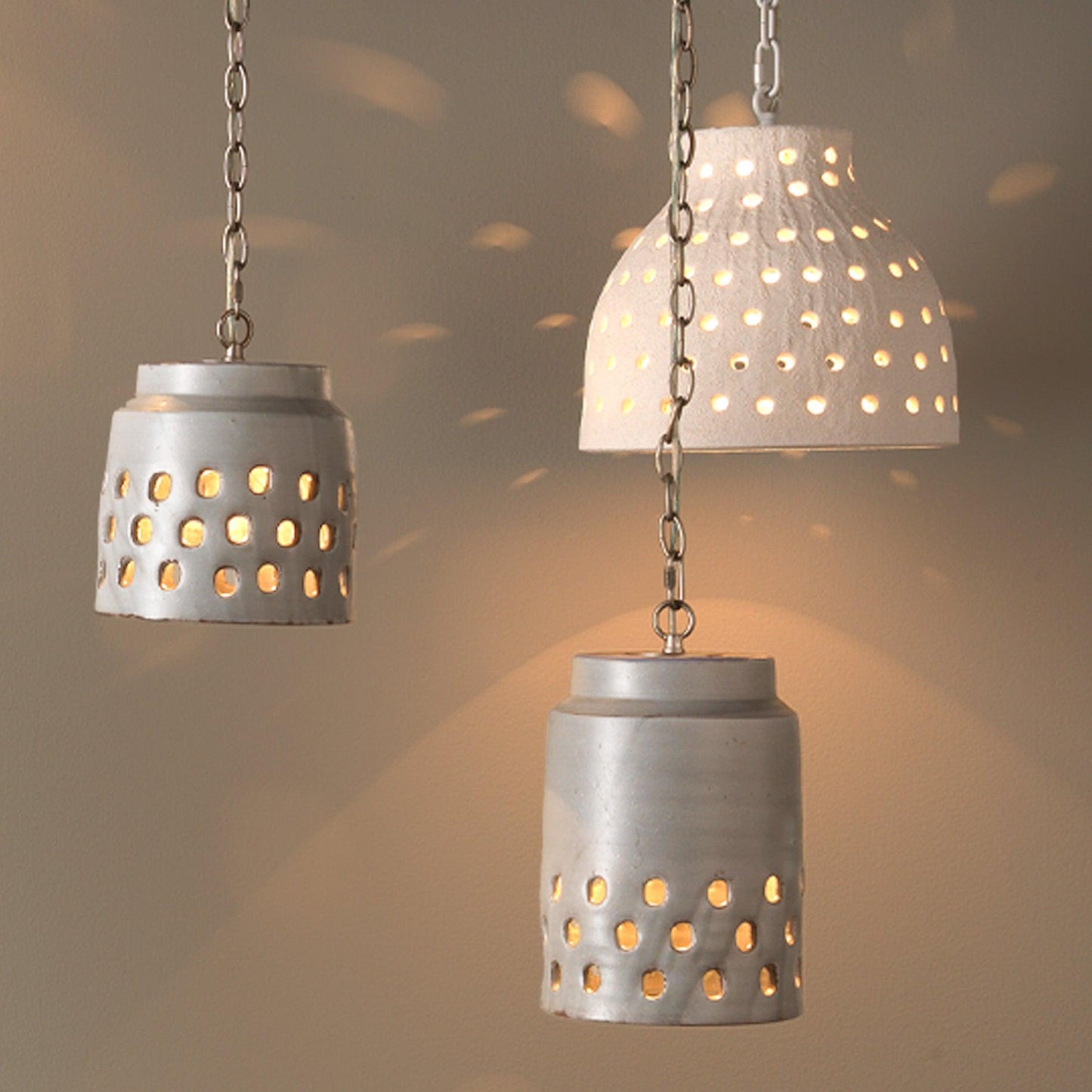 Coastal Style Grey Ceramic Tapered Perforated Pendant Pendants Sideboards and Things By Jamie Young