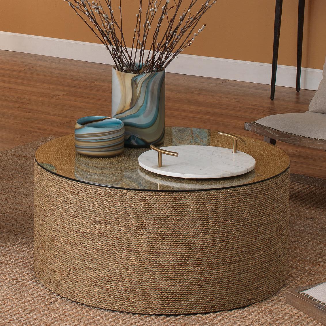 Coastal Style Natural Seagrass Round Harbor Coffee Table Coffee Tables Sideboards and Things By Jamie Young