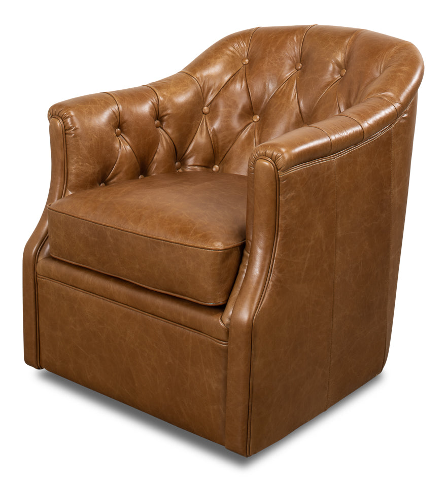 Coolidge Leather Swivel Club Chair Cuba Brown-Club Chairs-Sarreid-LOOMLAN