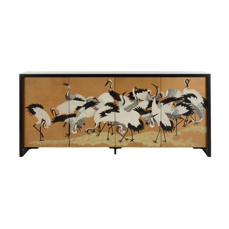 Chelsea House Crane Hand Painted Mural Design Black Sideboard