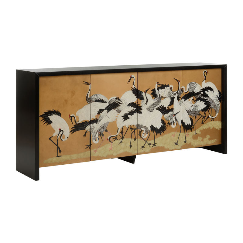 Chelsea House Crane Hand Painted Mural Design Black Sideboard