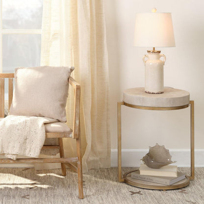 Cream Leather Round Mid Century Side Table With Shelf Side Tables Sideboards and Things By Jamie Young