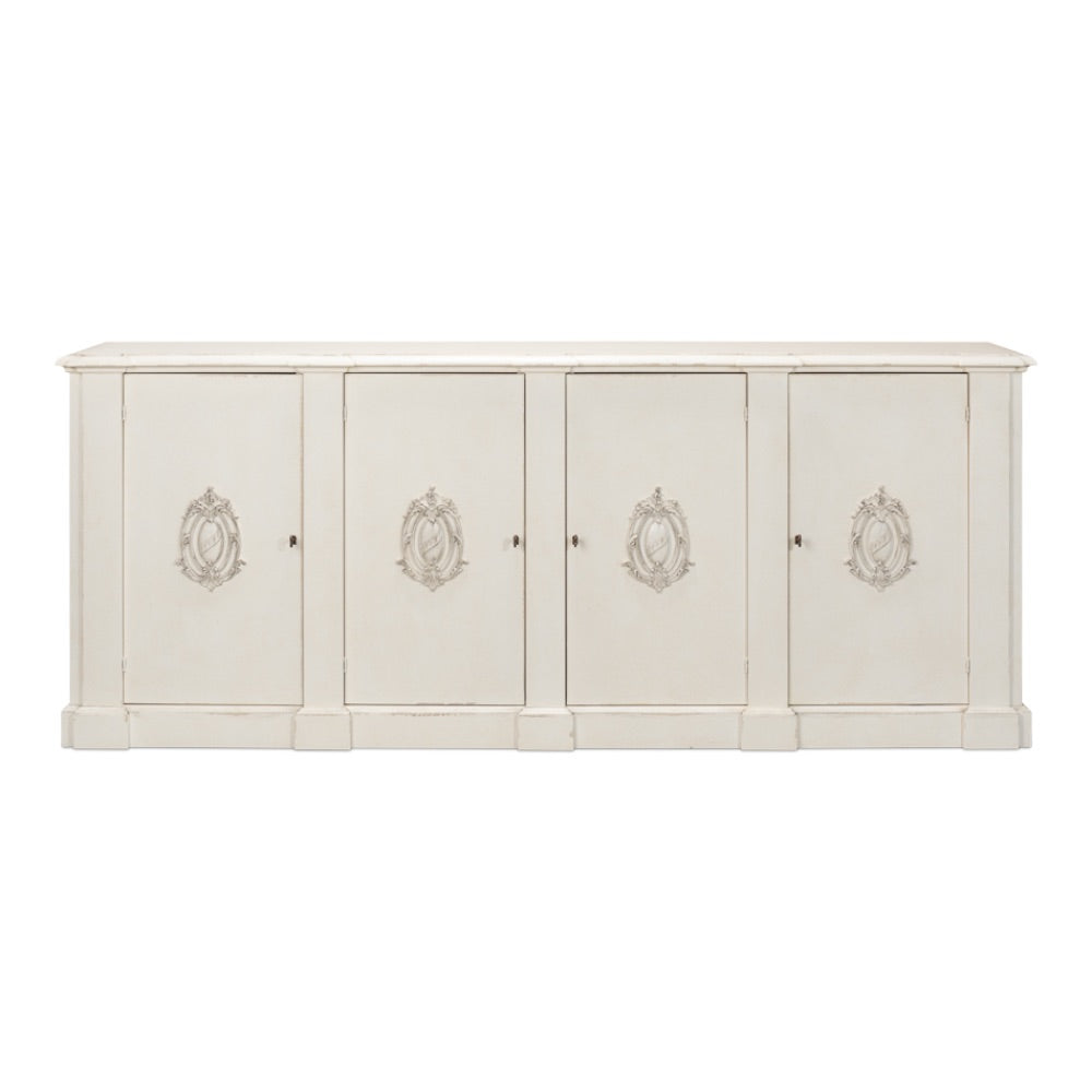 Crested Wall Cabinet Antiqued White Sideboard-Sideboards-Sarreid-LOOMLAN