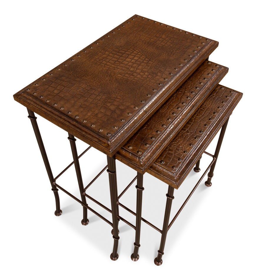 Croc Leather Nesting Tables Set 3-Side Tables-Sarreid-LOOMLAN