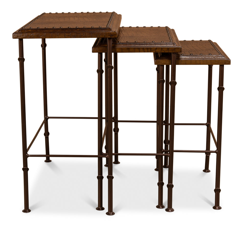 Croc Leather Nesting Tables Set 3-Side Tables-Sarreid-LOOMLAN