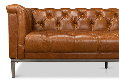 Cuba Brown Leather Chesterfield Bench Seat Couch-Sofas & Loveseats-Sarreid-LOOMLAN