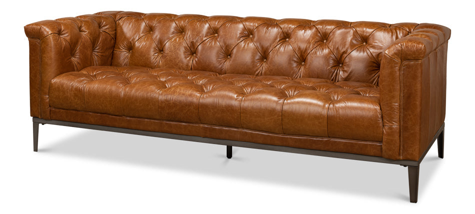 Cuba Brown Leather Chesterfield Bench Seat Couch-Sofas & Loveseats-Sarreid-LOOMLAN