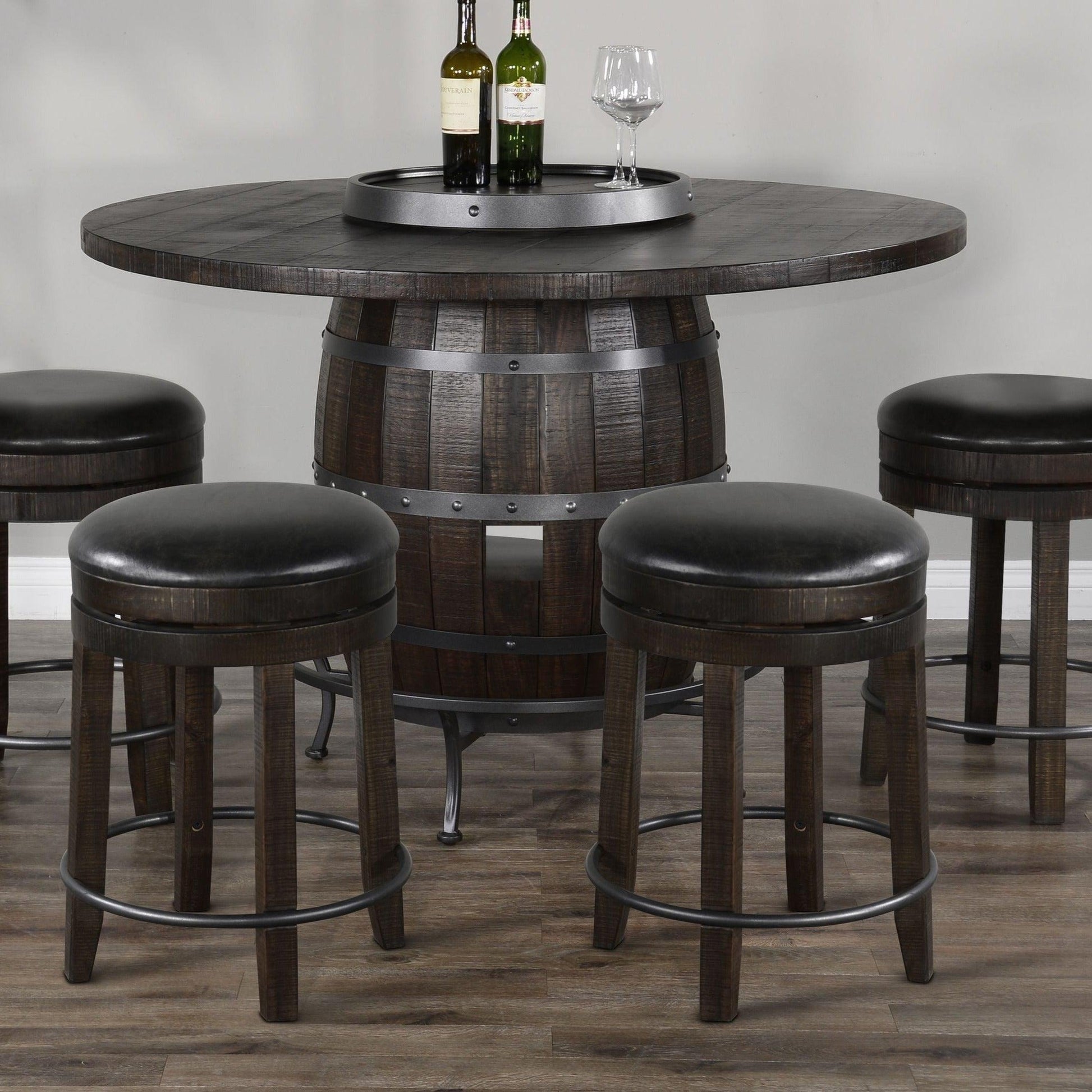 Dark Brown Round Counter Barrel Pub Table With Stools 5 PC Set Dining Table Sets Sideboards and Things By Sunny D