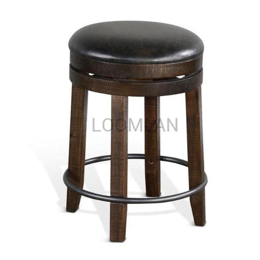 Dark Rustic Backless Swivel Counter Stool Black Leather Seat 24"H Counter Stools Sideboards and Things By Sunny D