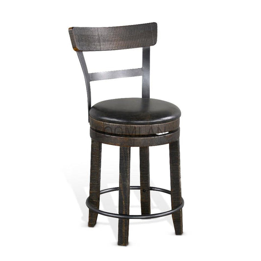 Dark Rustic Ladder Back Swivel Counter Height Stool Leather Seat 24"H Counter Stools Sideboards and Things By Sunny D