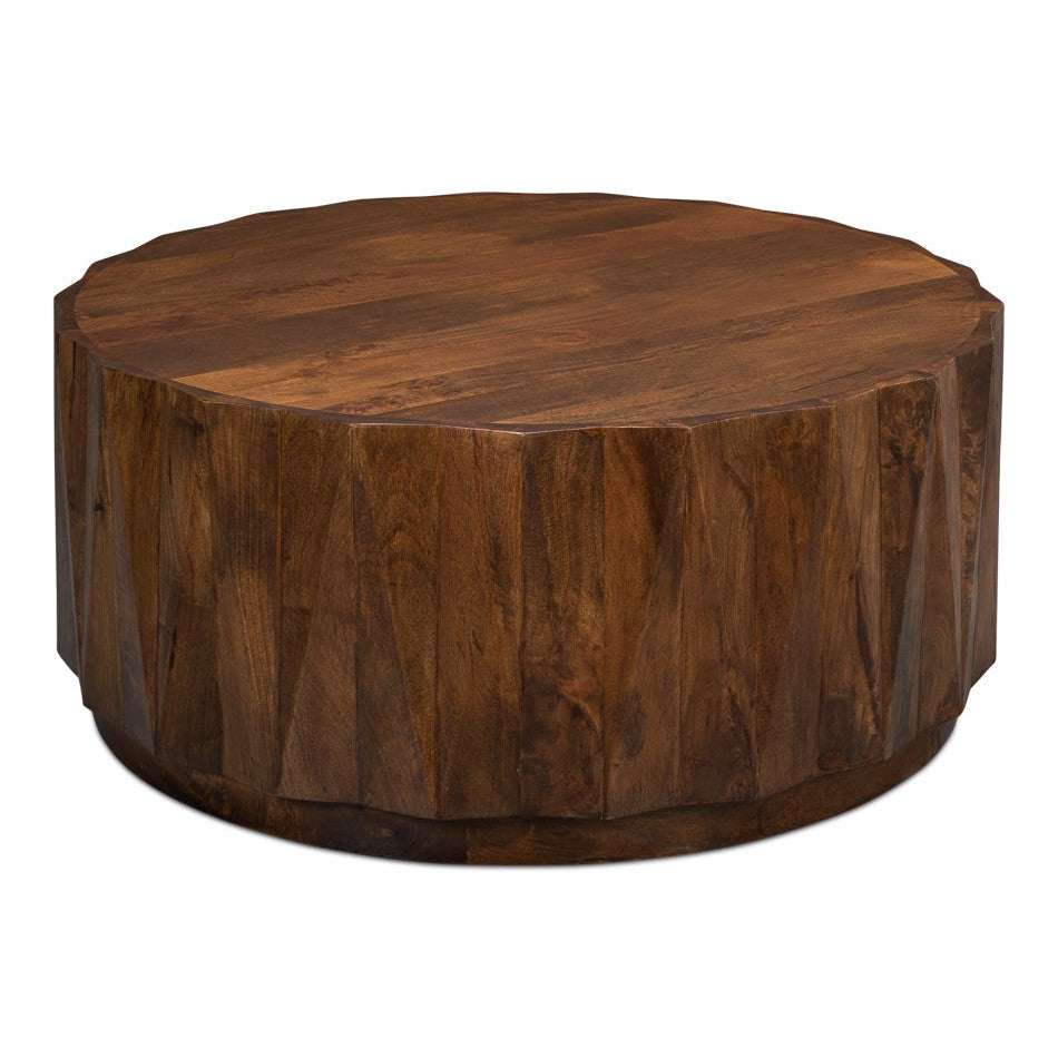 Denali Round Cocktail Coffee Table Block Solid Wood-Coffee Tables-Sarreid-LOOMLAN