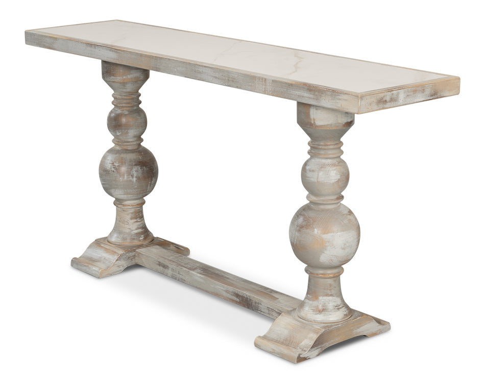 Double Pedestal Console Table Distressed White Solid Wood-Console Tables-Sarreid-LOOMLAN