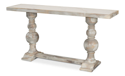 Double Pedestal Console Table Distressed White Solid Wood-Console Tables-Sarreid-LOOMLAN