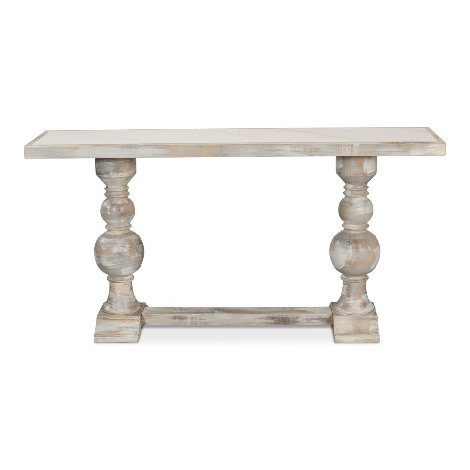 Double Pedestal Console Table Distressed White Solid Wood-Console Tables-Sarreid-LOOMLAN