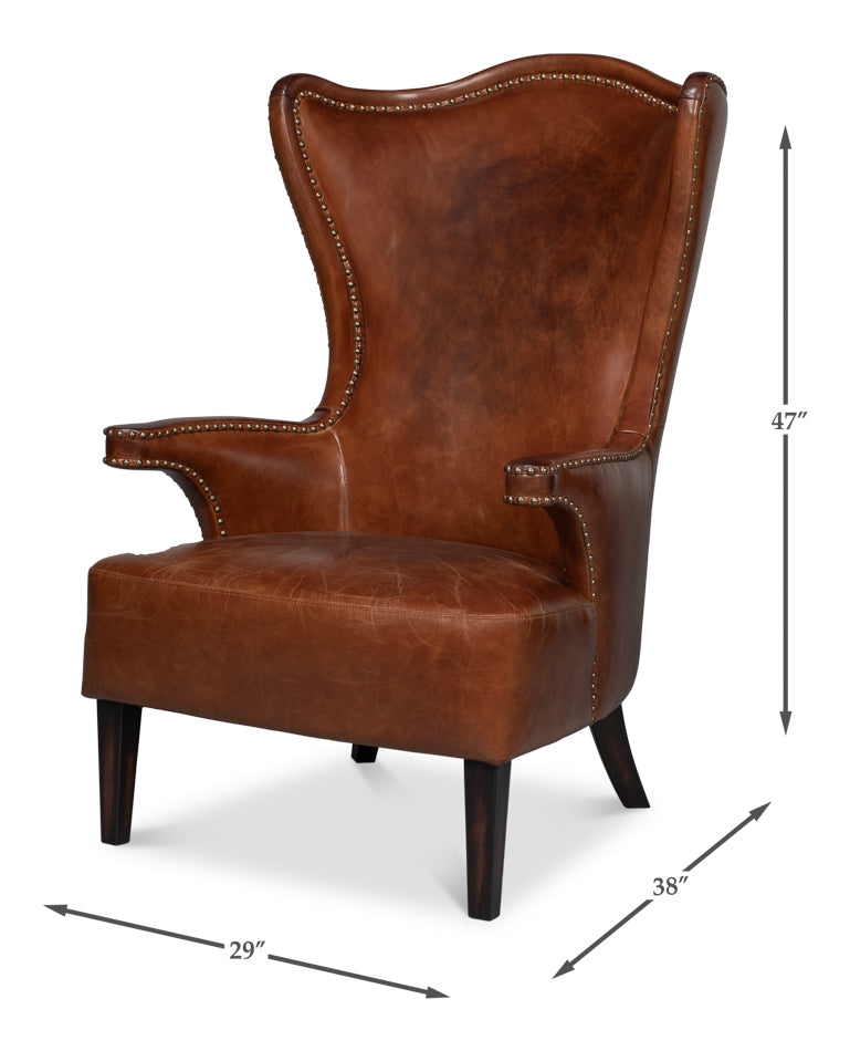 Drake Distilled Leather Accent Chair Tall Back-Accent Chairs-Sarreid-LOOMLAN