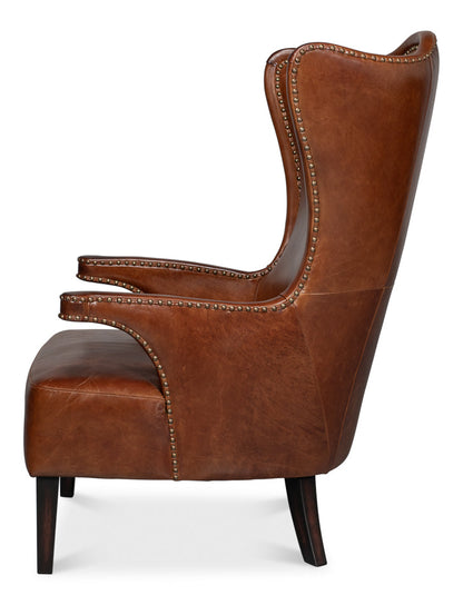 Drake Distilled Leather Accent Chair Tall Back-Accent Chairs-Sarreid-LOOMLAN