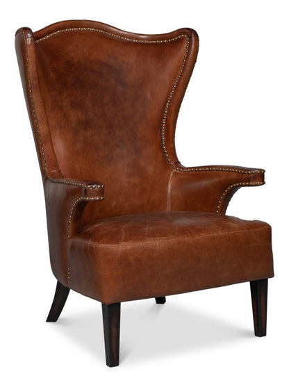 Drake Distilled Leather Accent Chair Tall Back-Accent Chairs-Sarreid-LOOMLAN