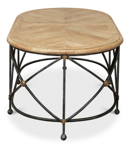 Drum & Fife Oval Coffee Table Parquet Top Reclaimed Iron-Coffee Tables-Sarreid-LOOMLAN