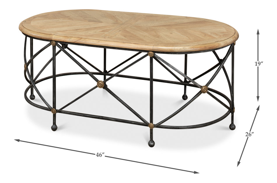 Drum & Fife Oval Coffee Table Parquet Top Reclaimed Iron-Coffee Tables-Sarreid-LOOMLAN