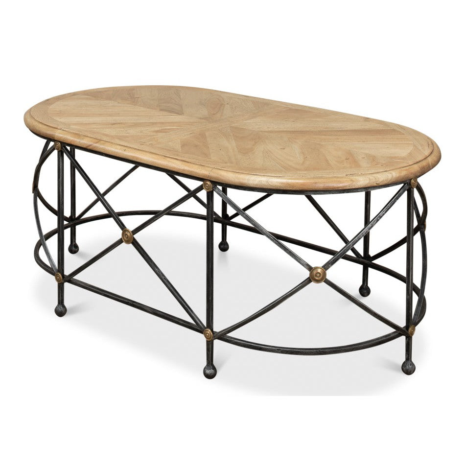 Drum & Fife Oval Coffee Table Parquet Top Reclaimed Iron-Coffee Tables-Sarreid-LOOMLAN