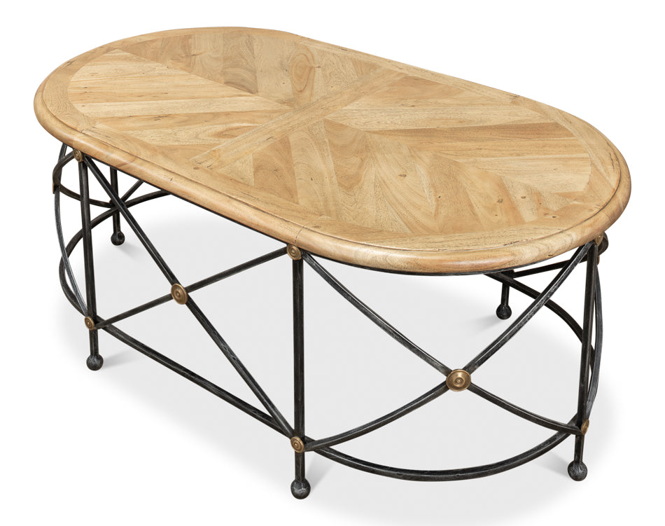 Drum & Fife Oval Coffee Table Parquet Top Reclaimed Iron-Coffee Tables-Sarreid-LOOMLAN