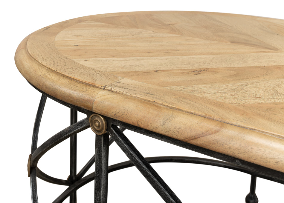 Drum & Fife Oval Coffee Table Parquet Top Reclaimed Iron-Coffee Tables-Sarreid-LOOMLAN