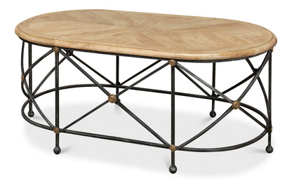 Drum & Fife Oval Coffee Table Parquet Top Reclaimed Iron-Coffee Tables-Sarreid-LOOMLAN