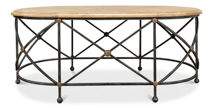 Drum & Fife Oval Coffee Table Parquet Top Reclaimed Iron-Coffee Tables-Sarreid-LOOMLAN