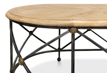 Drum & Fife Oval Coffee Table Parquet Top Reclaimed Iron-Coffee Tables-Sarreid-LOOMLAN