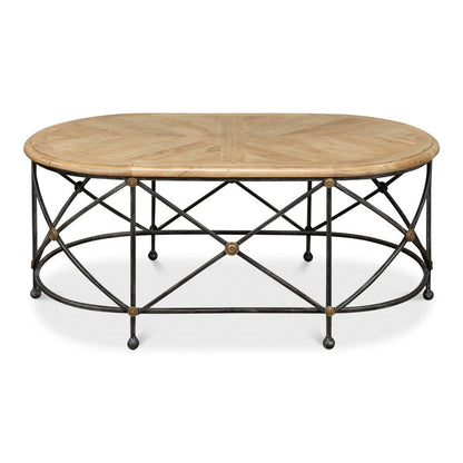 Drum & Fife Oval Coffee Table Parquet Top Reclaimed Iron-Coffee Tables-Sarreid-LOOMLAN