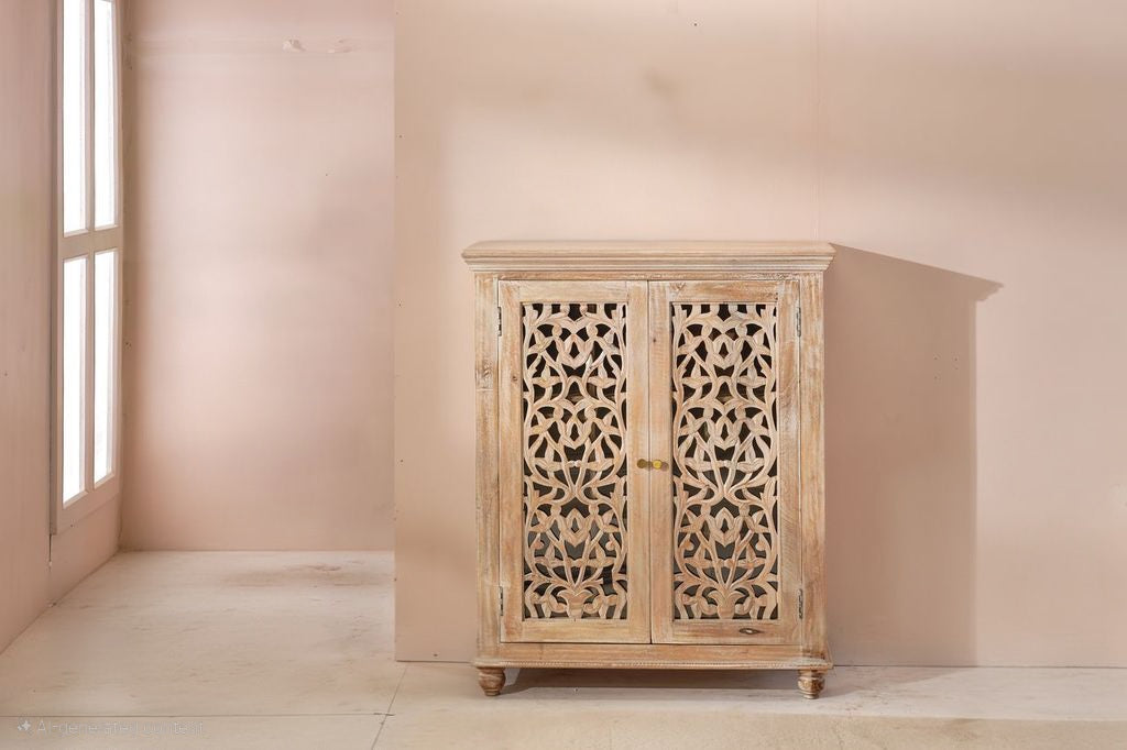 Norella Coastal Tall Bar Cabinet Carved Wood Doors