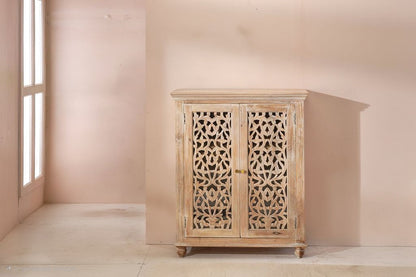 Norella Coastal Tall Bar Cabinet Carved Wood Doors