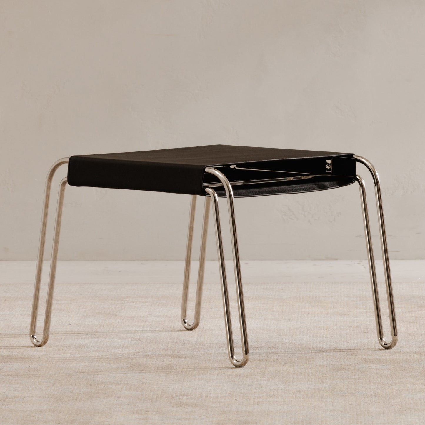 Petra  Black Leather and Steel Stool