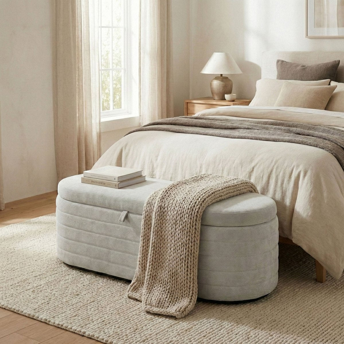 LH Home Elio White Fabric Storage Bedroom Bench