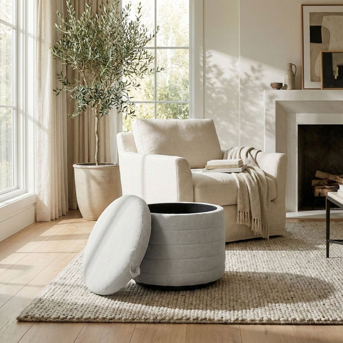 LH Home Elio White Fabric Storage Ottoman
