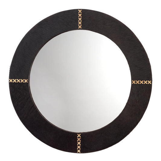 Espresso Cowhide Leather Round Cross Stitch Wall Mirror Wall Mirrors Sideboards and Things By Jamie Young