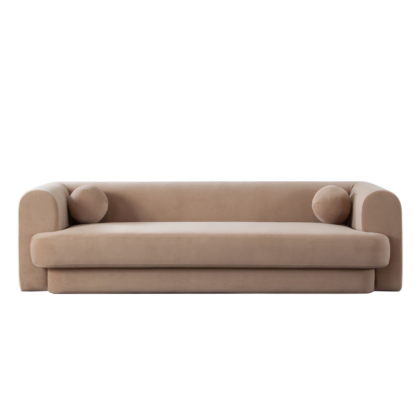 Form Camel Performance Velvet Sofa With 2 Accent Pillow Balls