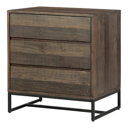 Elena Solid Pine and Stainless Steel Brown 3 Drawer Nightstand