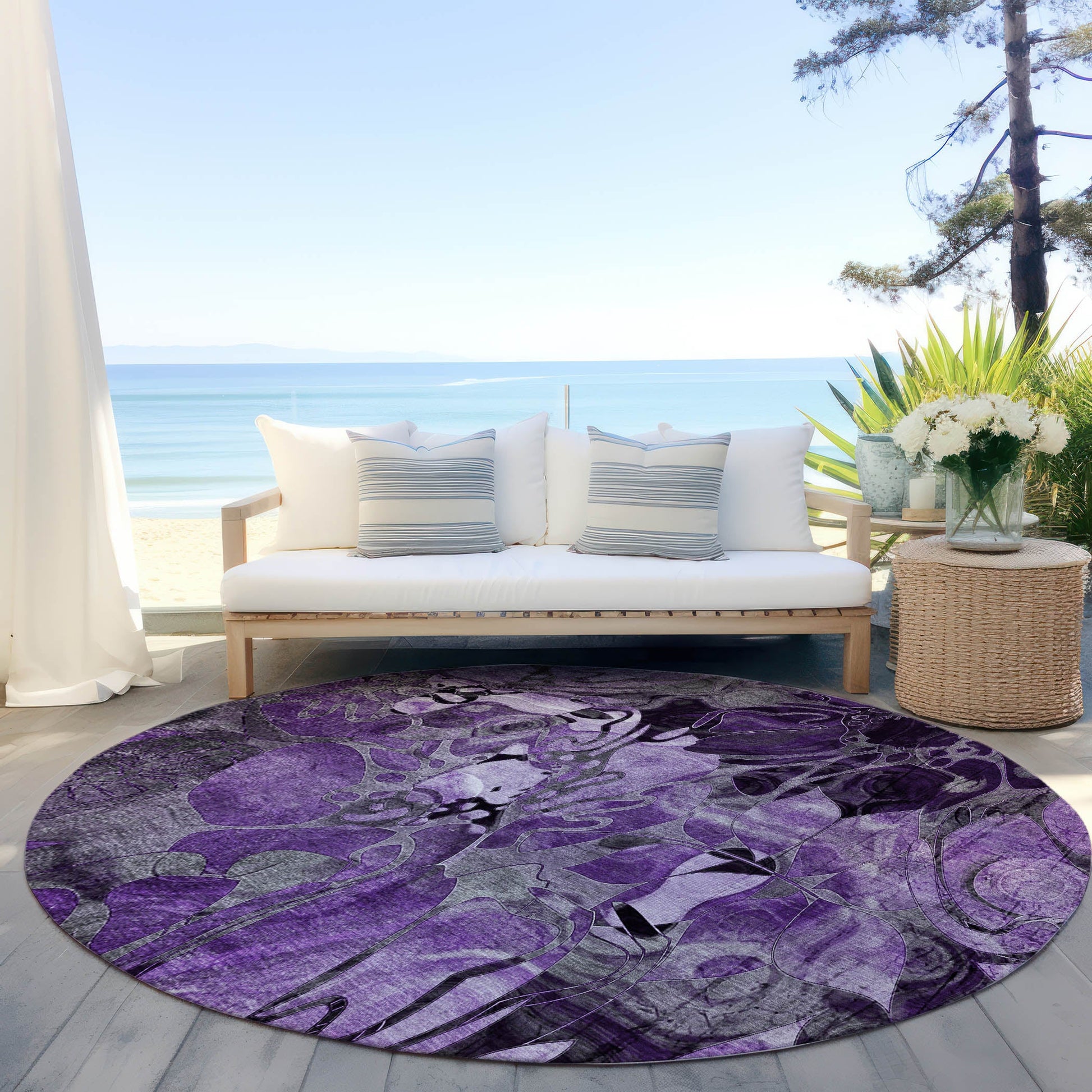 Addison Rugs Floral Purple Washable Indoor-Outdoor Rug with Matching Throw