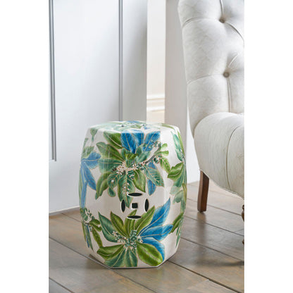 Floral White Glazed Porcelain Outdoor Garden Stool-Poufs and Stools-Chelsea House-LOOMLAN