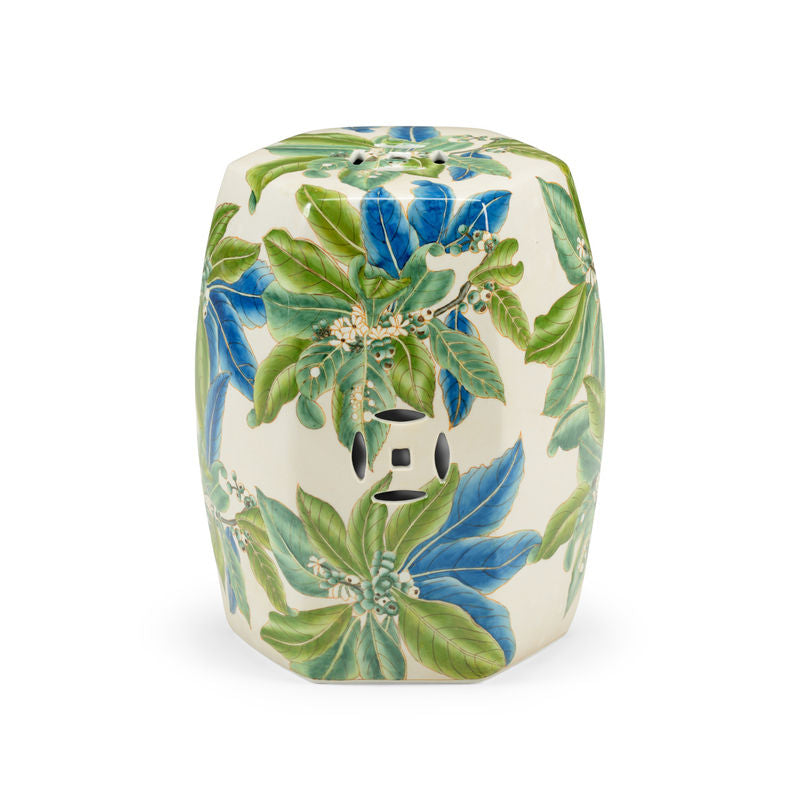 Floral White Glazed Porcelain Outdoor Garden Stool-Poufs and Stools-Chelsea House-LOOMLAN