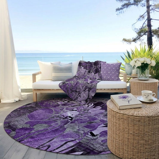 Floral Purple Washable Indoor-Outdoor Rug with Matching Throw