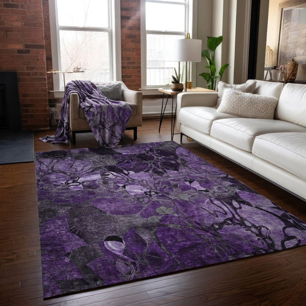 Addison Rugs Floral Purple Washable Indoor-Outdoor Rug with Matching Throw