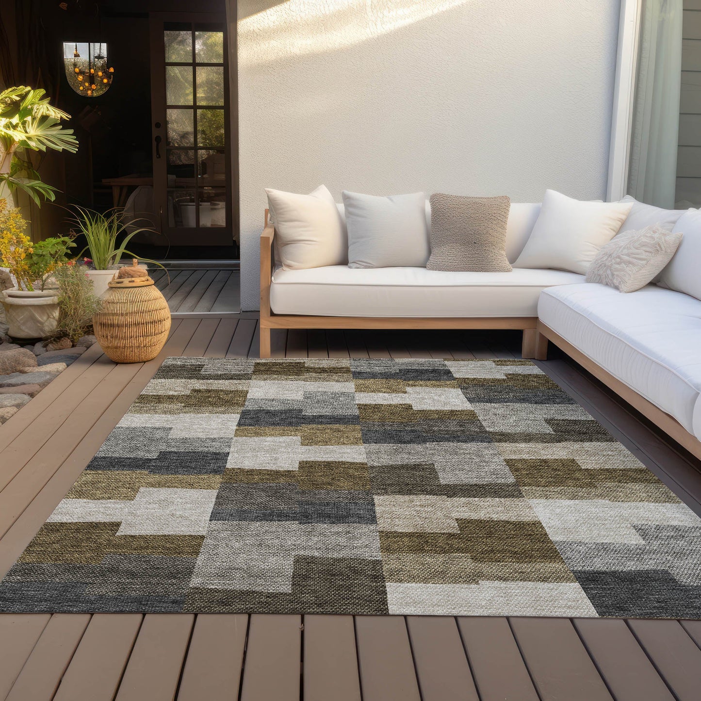 Flowing Harmony Brown Washable Indoor-Outdoor Rug