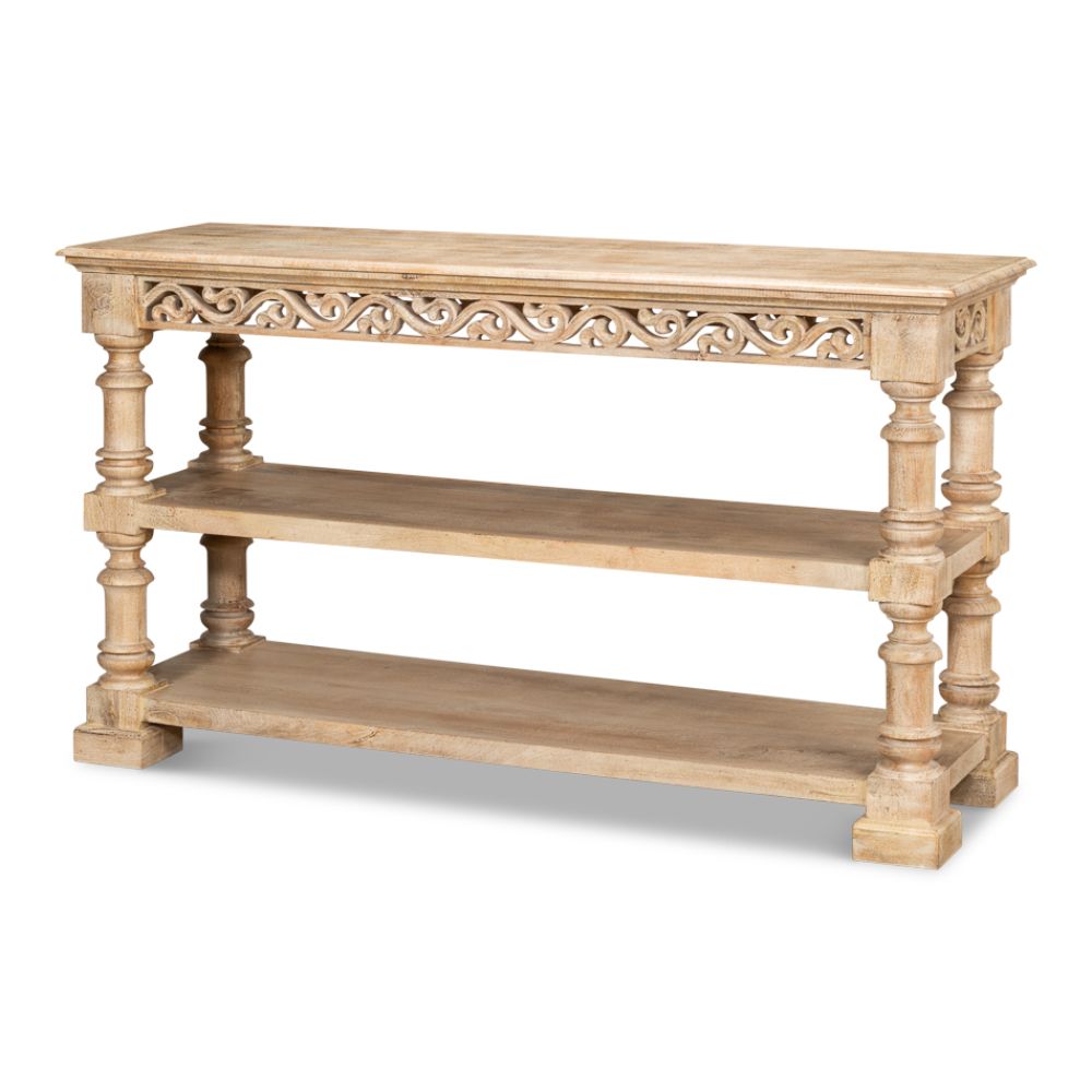 Fowler Carved Console With Shelf Solid Wood-Console Tables-Sarreid-LOOMLAN